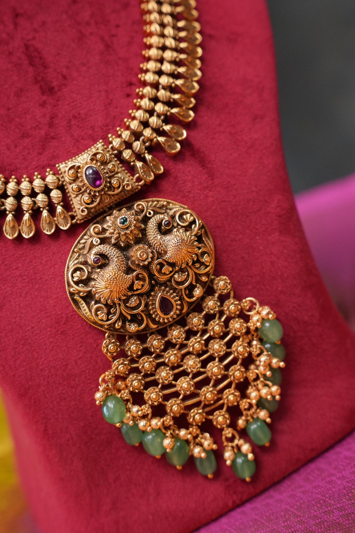 Antique Gold-Plated Temple Pendant Necklace Set with Mint Green Stone Drops