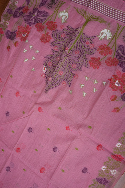 Pure Khaddi Cotton Saree with Floral & Peacock Design – Pink