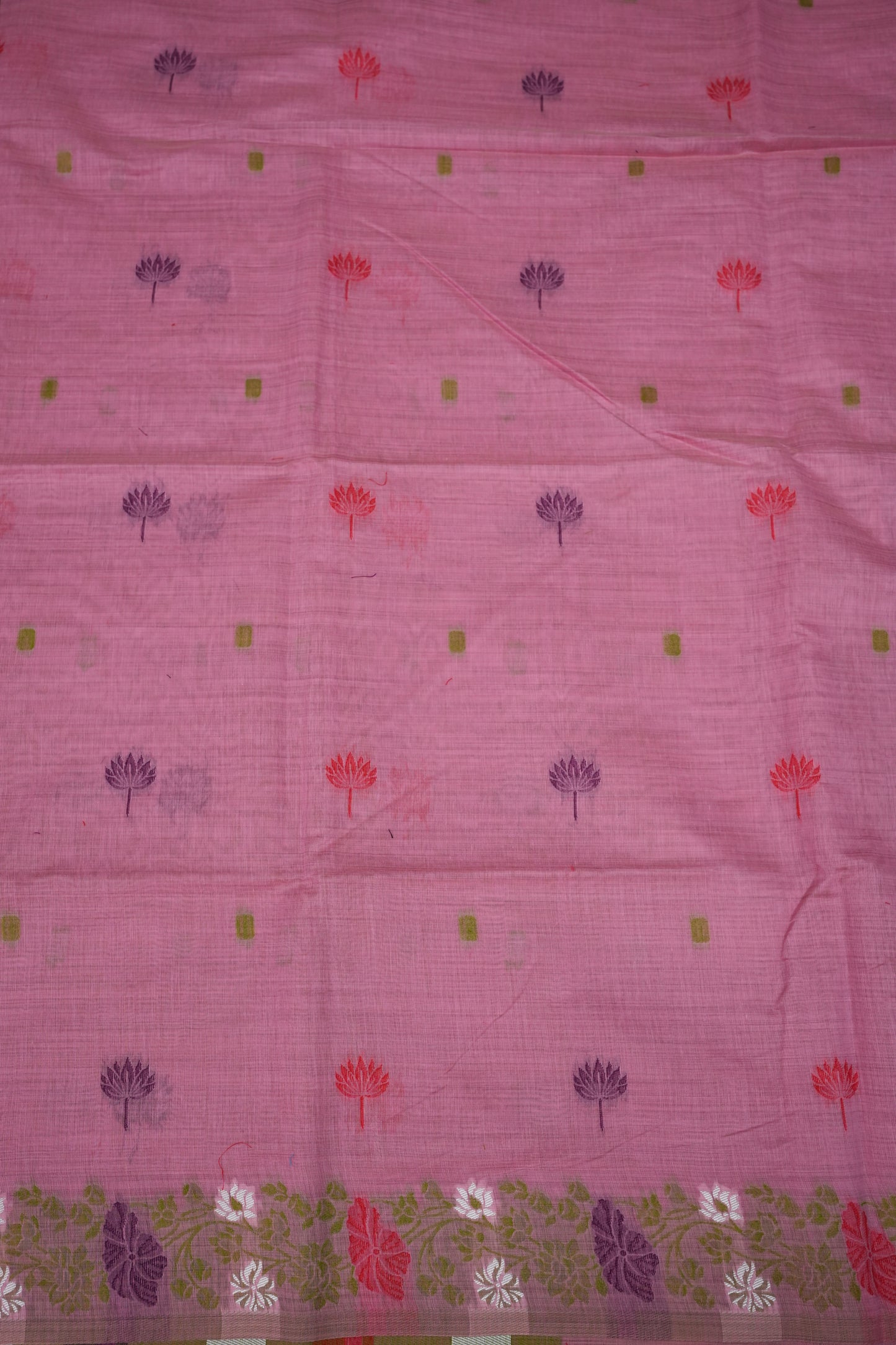 Pure Khaddi Cotton Saree with Floral & Peacock Design – Pink