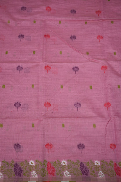 Pure Khaddi Cotton Saree with Floral & Peacock Design – Pink