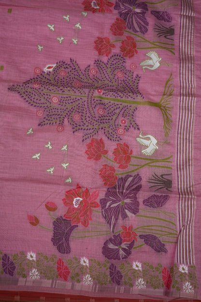 Pure Khaddi Cotton Saree with Floral & Peacock Design – Pink