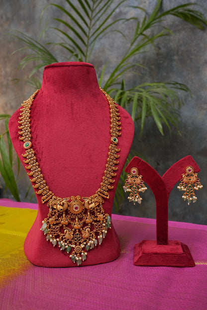 Antique Gold-Plated Temple Long Necklace Set with Mint Green & Blush Pink Stones