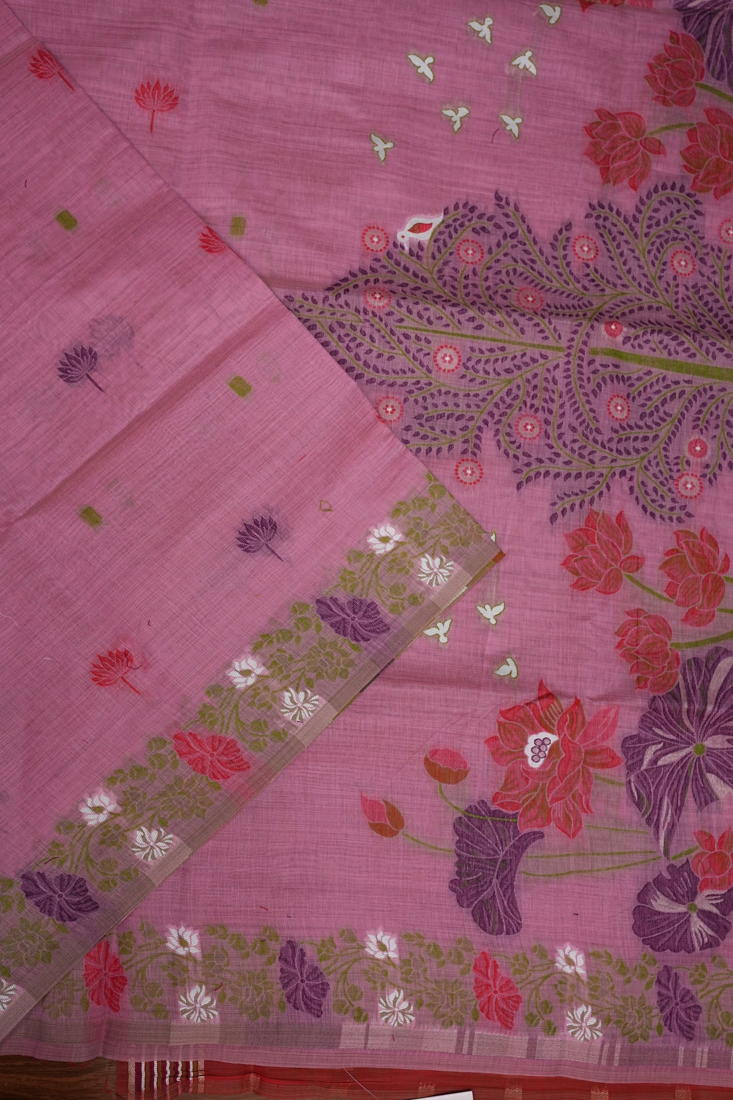 Pure Khaddi Cotton Saree with Floral & Peacock Design – Pink
