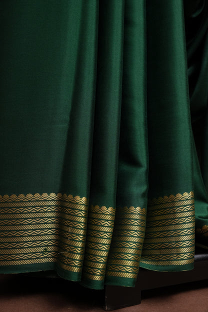 Plain Pure Crepe Mysore Silk Saree in Bottle Green With Contrast Baby Pink Border