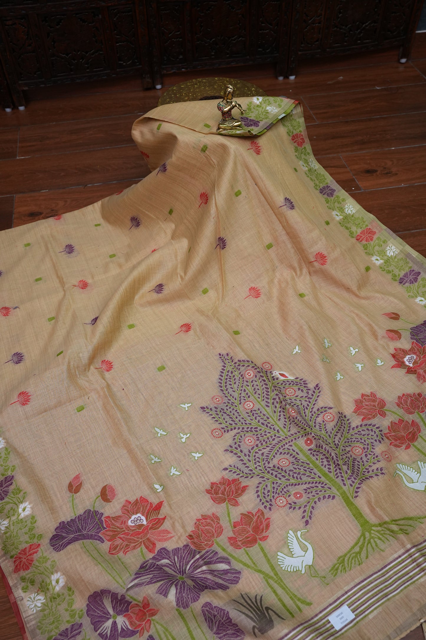 Pure Khaddi Cotton Saree with Floral & Peacock Design – Beige & Red