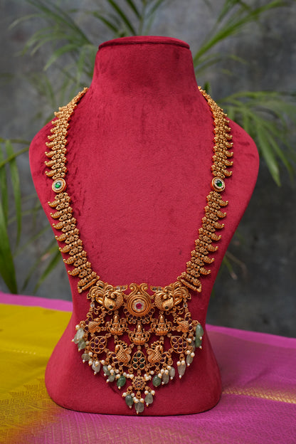 Antique Gold-Plated Temple Long Necklace Set with Mint Green & Blush Pink Stones