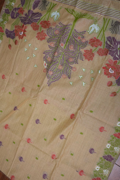 Pure Khaddi Cotton Saree with Floral & Peacock Design – Beige & Red