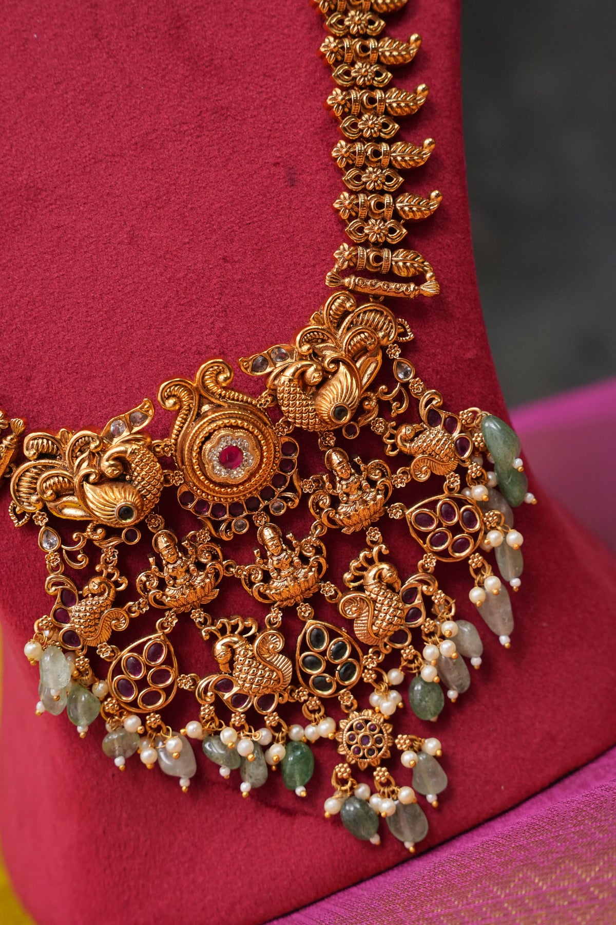 Antique Gold-Plated Temple Long Necklace Set with Mint Green & Blush Pink Stones