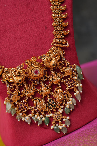 Antique Gold-Plated Temple Long Necklace Set with Mint Green & Blush Pink Stones