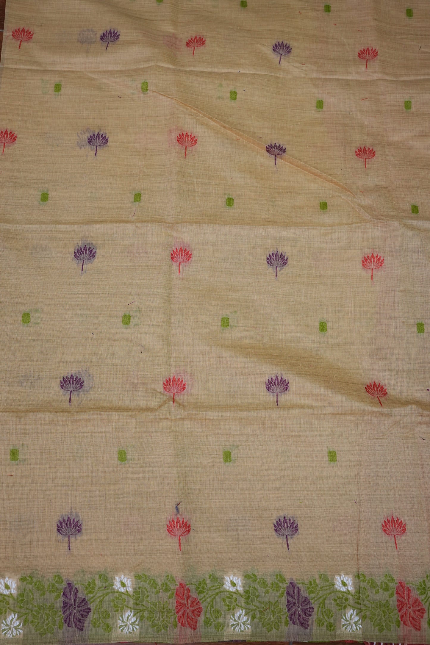 Pure Khaddi Cotton Saree with Floral & Peacock Design – Beige & Red