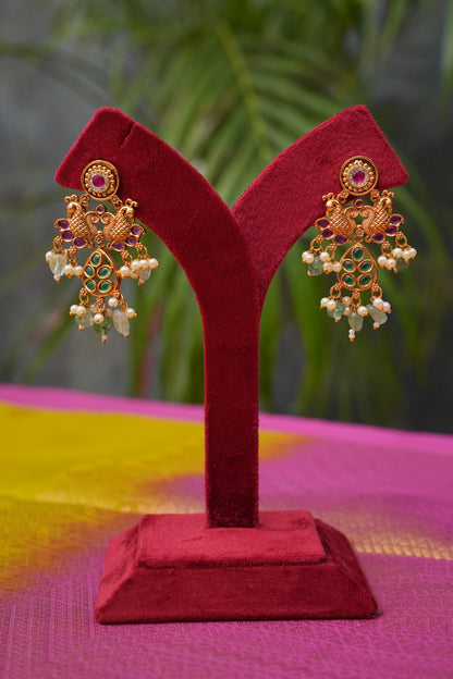 Antique Gold-Plated Temple Long Necklace Set with Mint Green & Blush Pink Stones