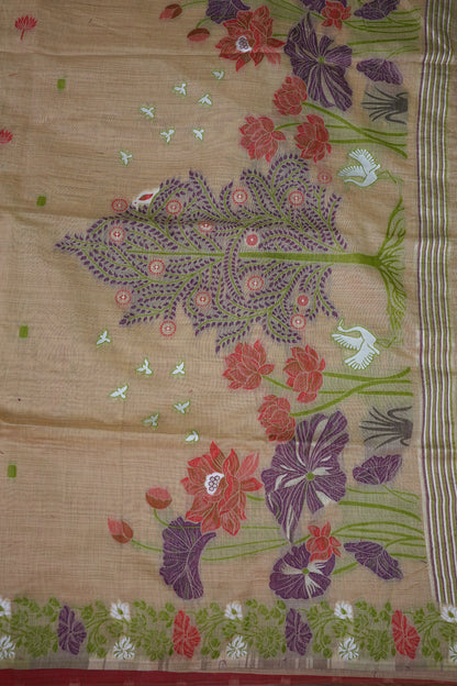 Pure Khaddi Cotton Saree with Floral & Peacock Design – Beige & Red