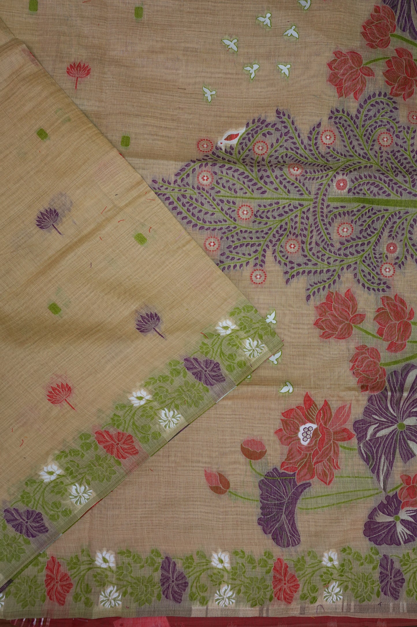 Pure Khaddi Cotton Saree with Floral & Peacock Design – Beige & Red
