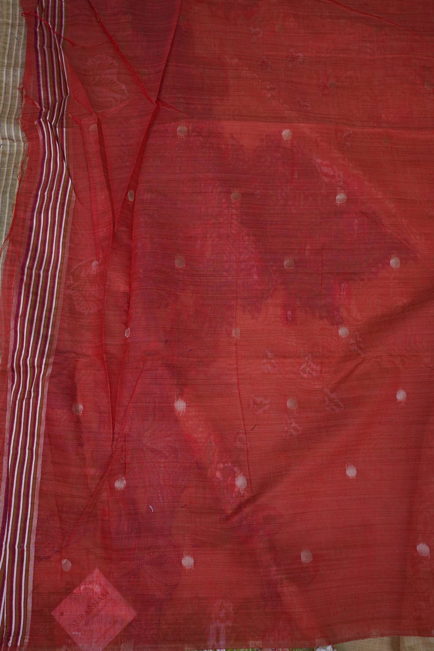 Pure Khaddi Cotton Saree with Floral & Peacock Design – Beige & Red