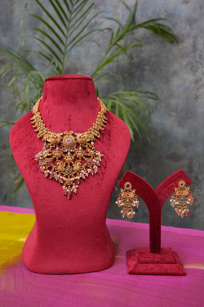 Antique Gold-Plated Temple Necklace Set with Blush Pink Stones