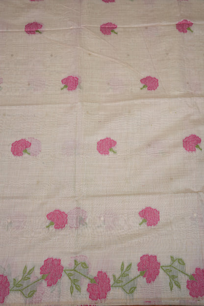 Pure Khaddi Cotton Saree with Floral Weaving – Ivory & Pink