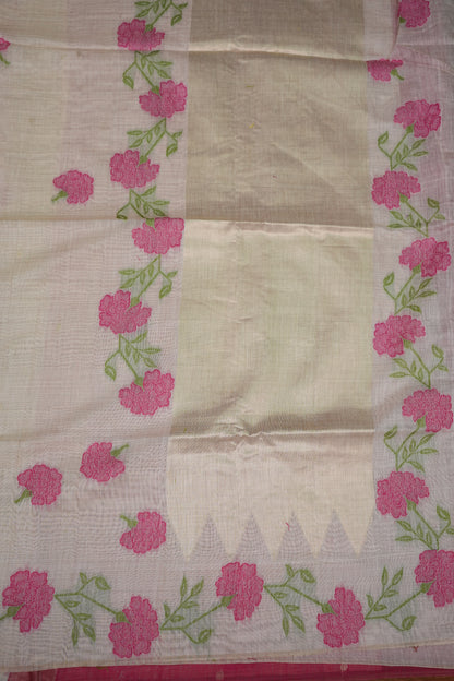 Pure Khaddi Cotton Saree with Floral Weaving – Ivory & Pink
