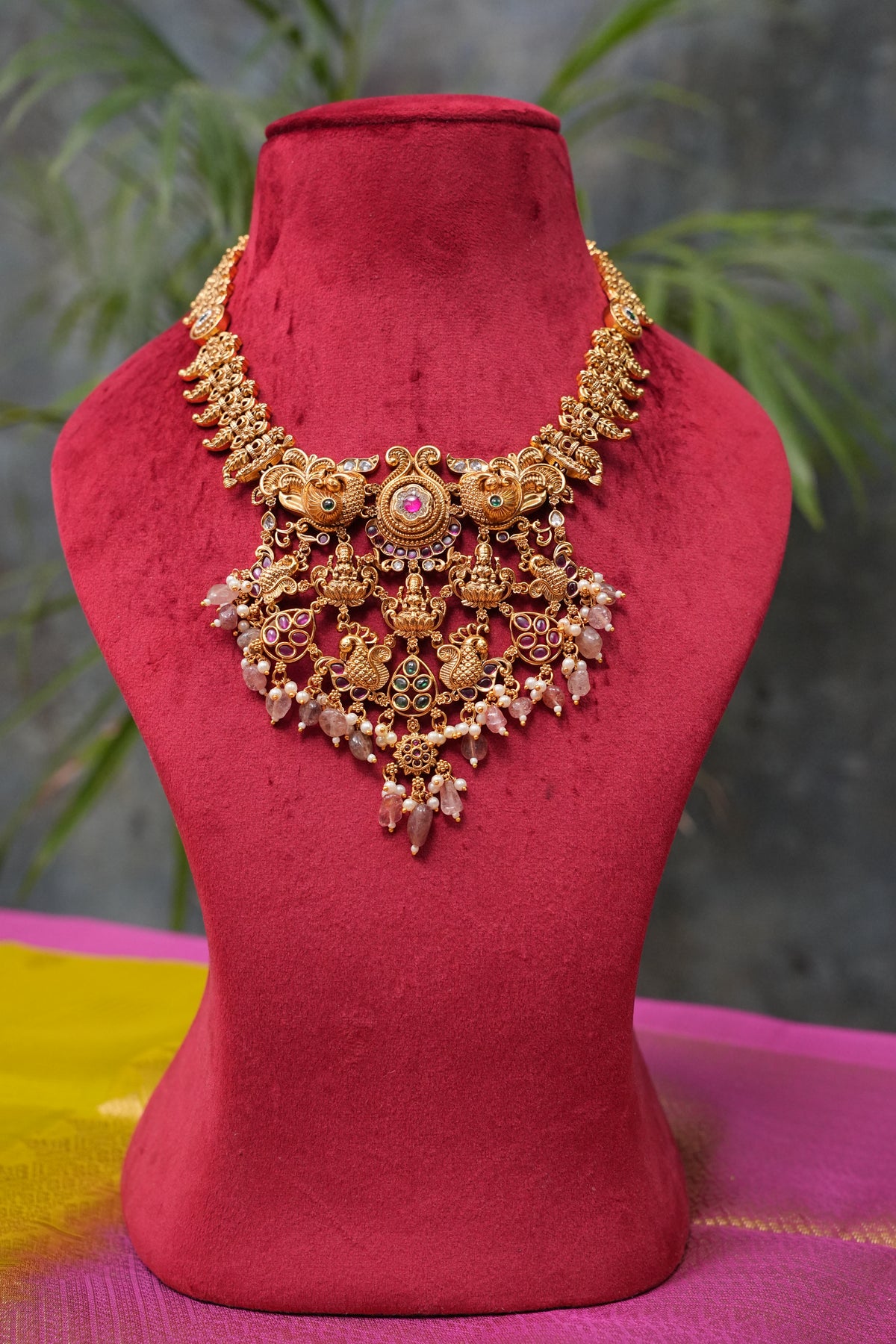 Antique Gold-Plated Temple Necklace Set with Blush Pink Stones