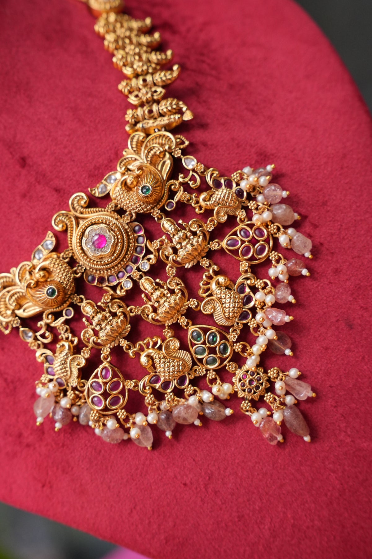 Antique Gold-Plated Temple Necklace Set with Blush Pink Stones
