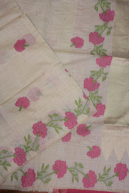 Pure Khaddi Cotton Saree with Floral Weaving – Ivory & Pink