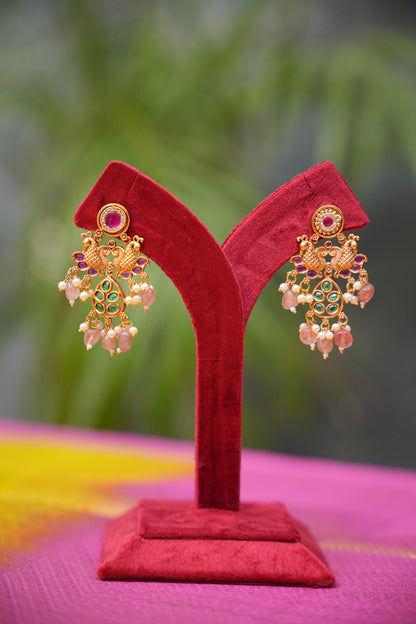 Antique Gold-Plated Temple Necklace Set with Blush Pink Stones