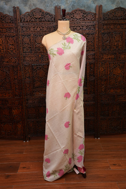Pure Khaddi Cotton Saree with Floral Weaving – Ivory & Pink