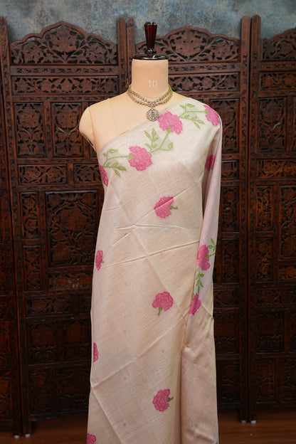 Pure Khaddi Cotton Saree with Floral Weaving – Ivory & Pink