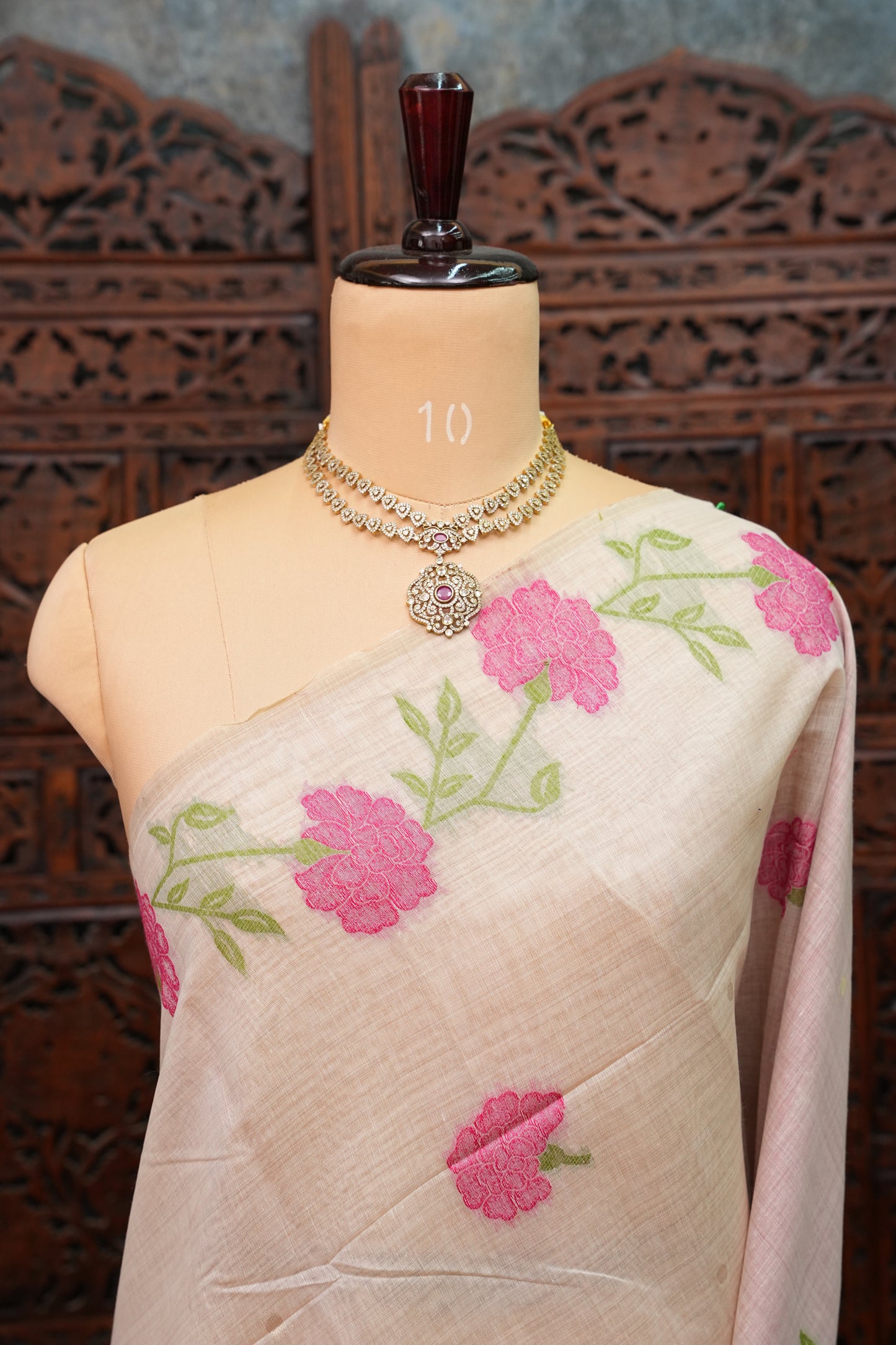 Pure Khaddi Cotton Saree with Floral Weaving – Ivory & Pink