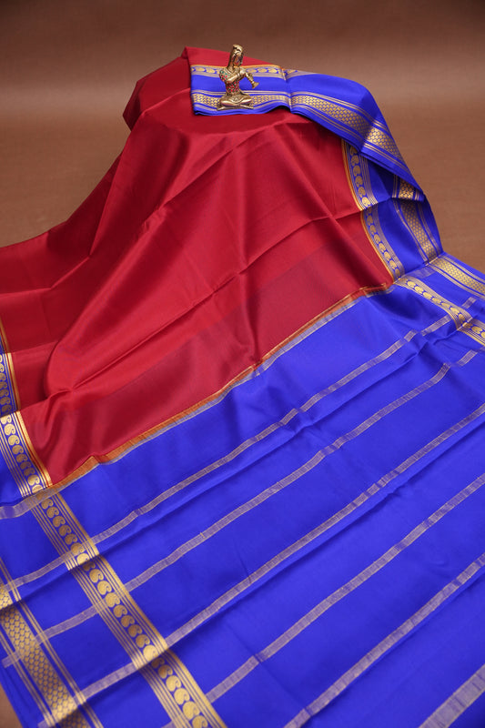 Pure Crepe Mysore Silk Saree - Deep Red & Blue
