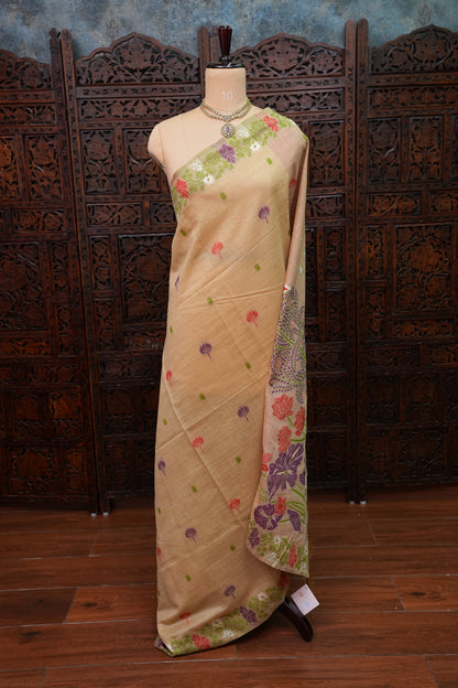 Pure Khaddi Cotton Saree with Floral & Peacock Design – Beige & Red