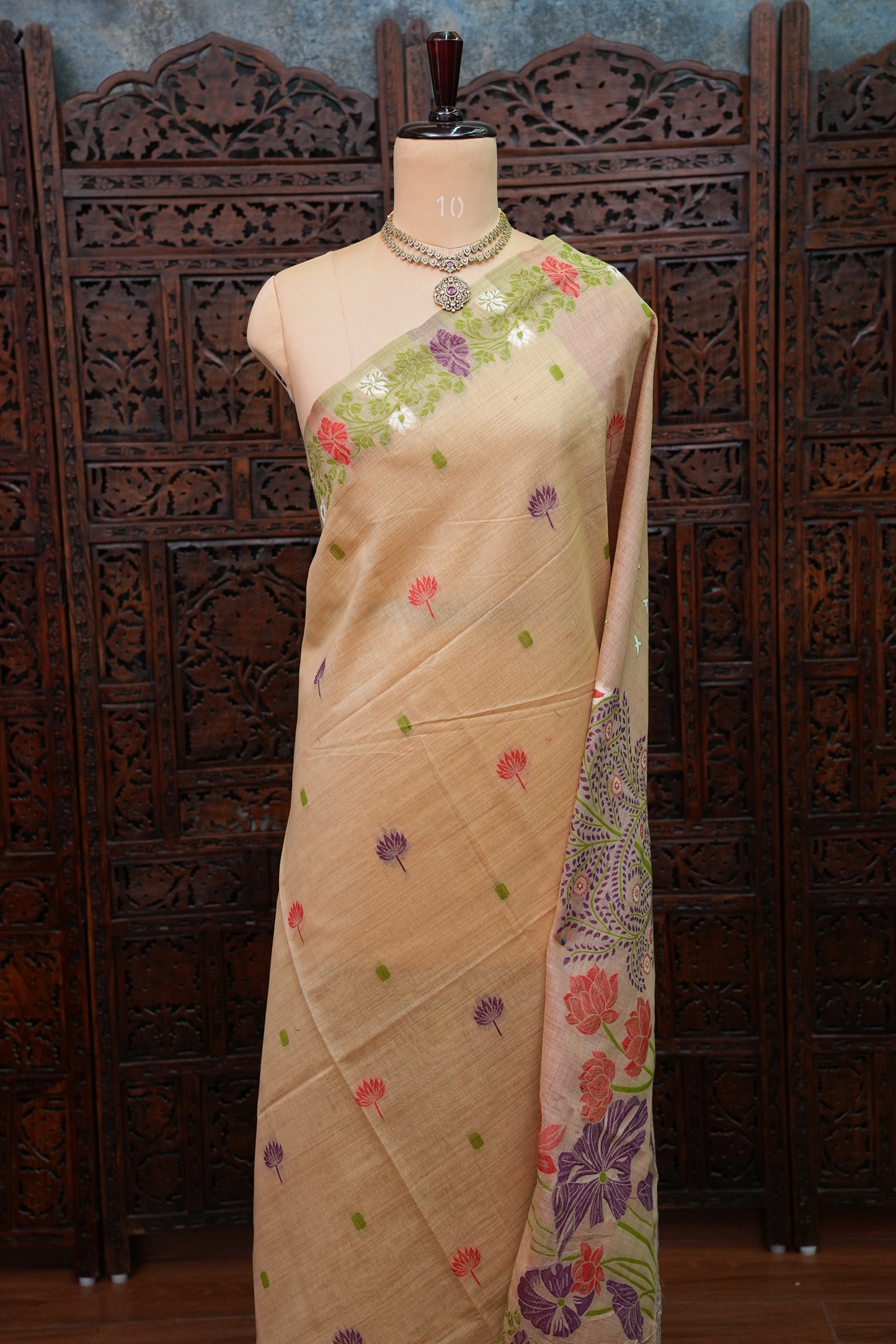 Pure Khaddi Cotton Saree with Floral & Peacock Design – Beige & Red