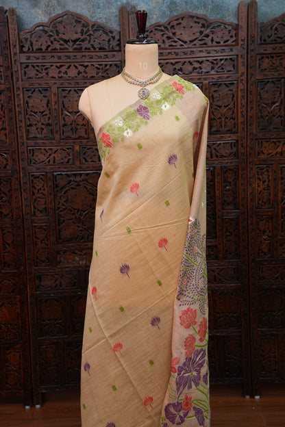 Pure Khaddi Cotton Saree with Floral & Peacock Design – Beige & Red