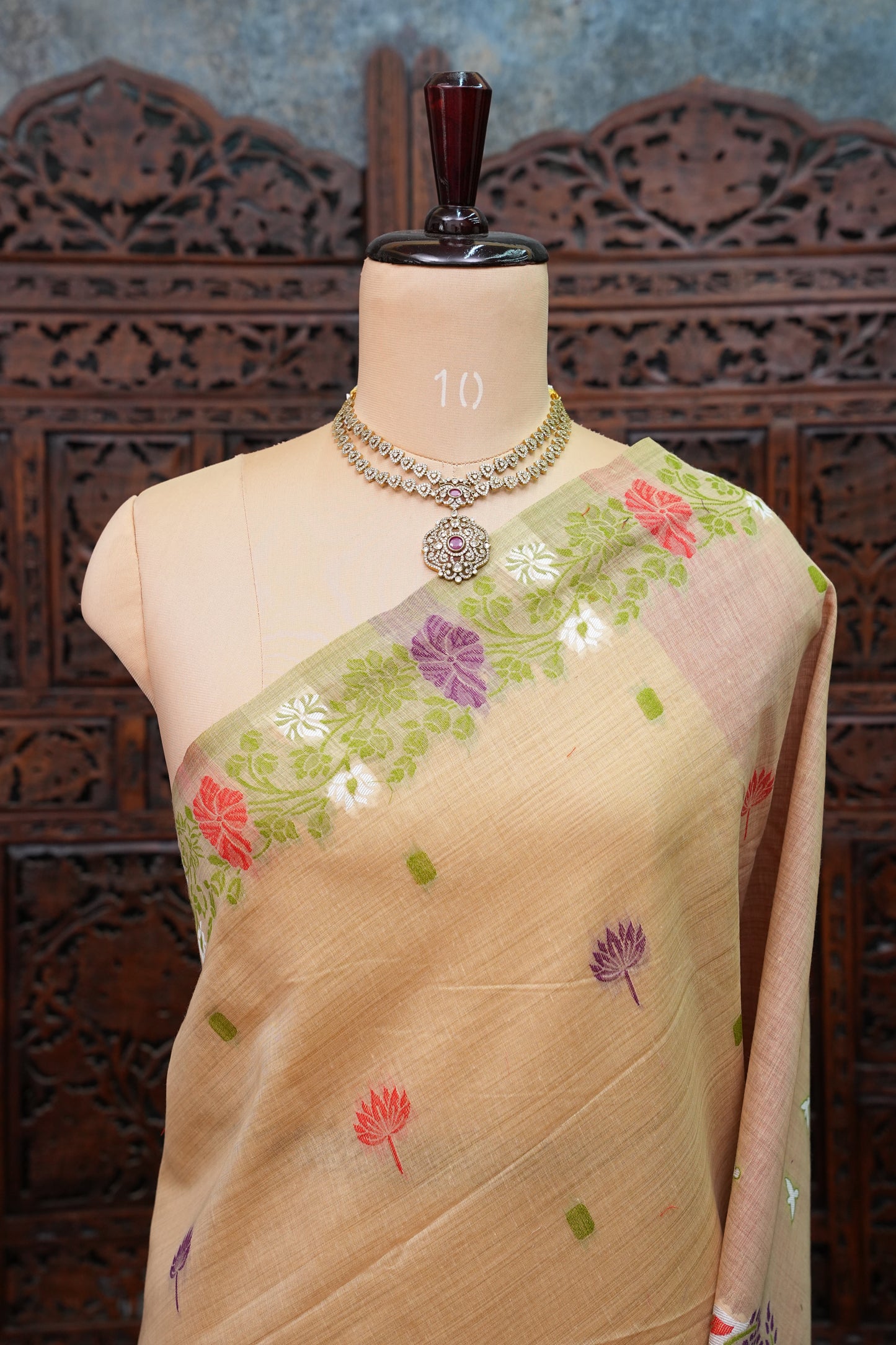 Pure Khaddi Cotton Saree with Floral & Peacock Design – Beige & Red