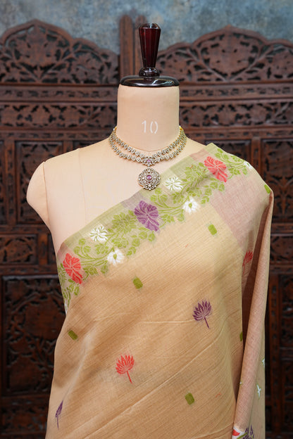 Pure Khaddi Cotton Saree with Floral & Peacock Design – Beige & Red