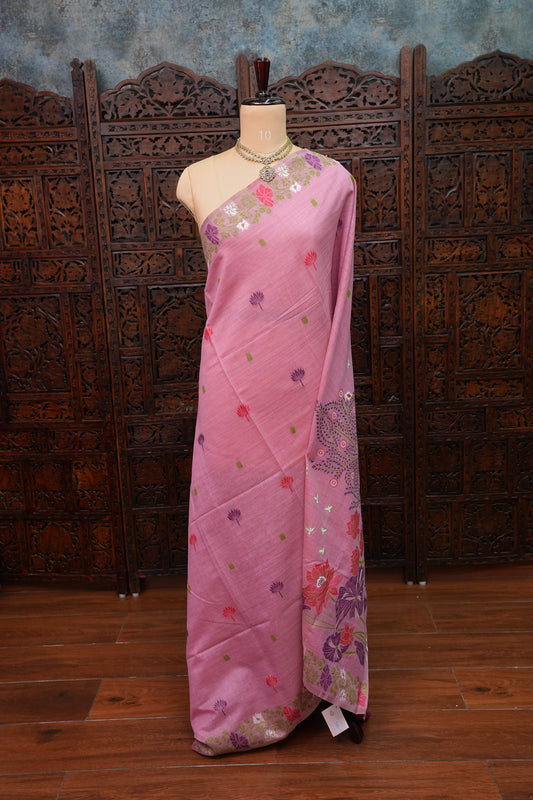 Pure Khaddi Cotton Saree with Floral & Peacock Design – Pink
