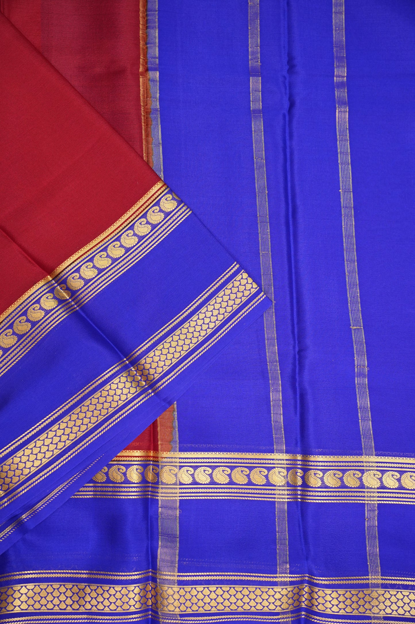 Pure Crepe Mysore Silk Saree - Deep Red & Blue