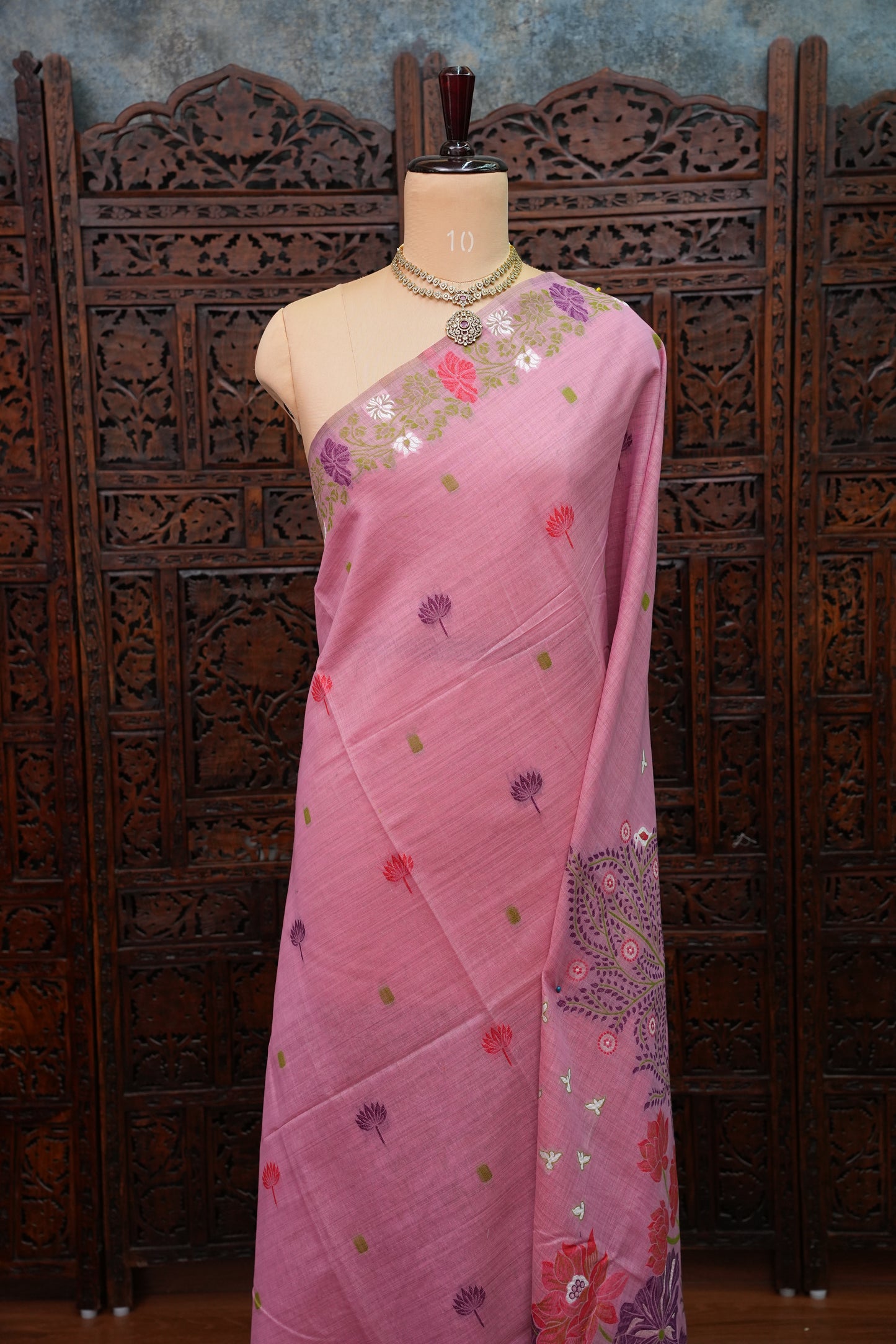 Pure Khaddi Cotton Saree with Floral & Peacock Design – Pink