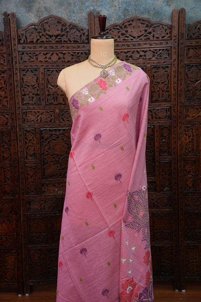 Pure Khaddi Cotton Saree with Floral & Peacock Design – Pink