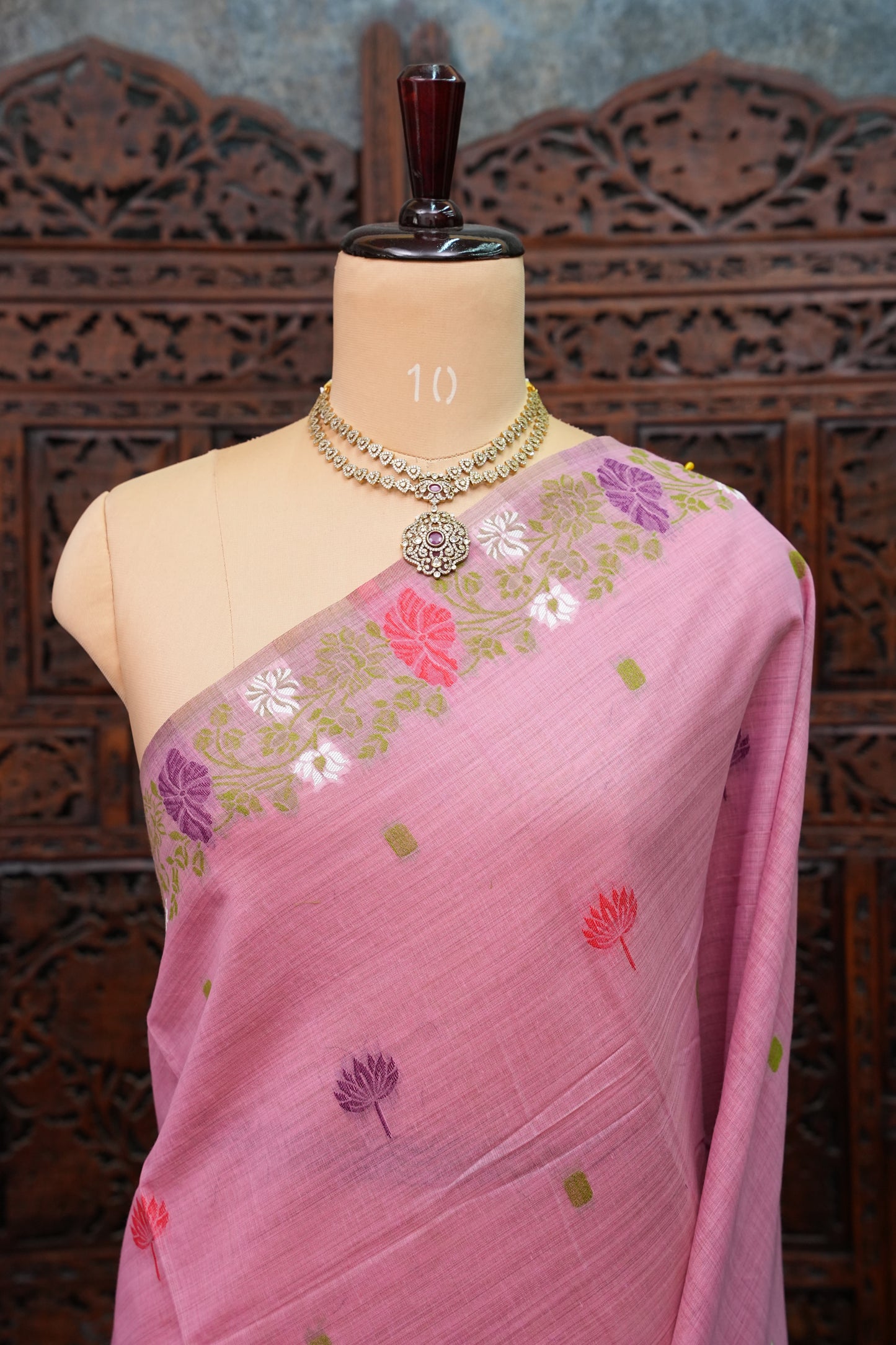 Pure Khaddi Cotton Saree with Floral & Peacock Design – Pink