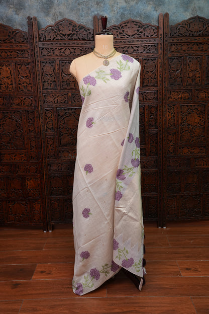 Pure Khaddi Cotton Saree with Floral Design – Ivory & Purple