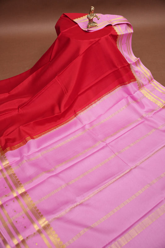 Plain Pure Crepe Mysore Silk Saree in Scarlet Red With Contrast Baby Pink Pallu & Blouse