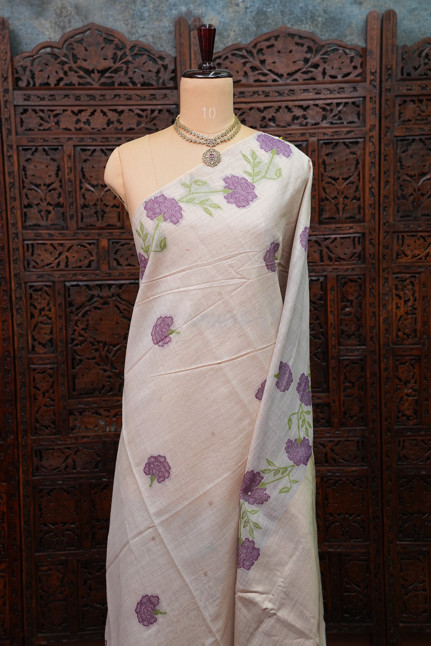 Pure Khaddi Cotton Saree with Floral Design – Ivory & Purple