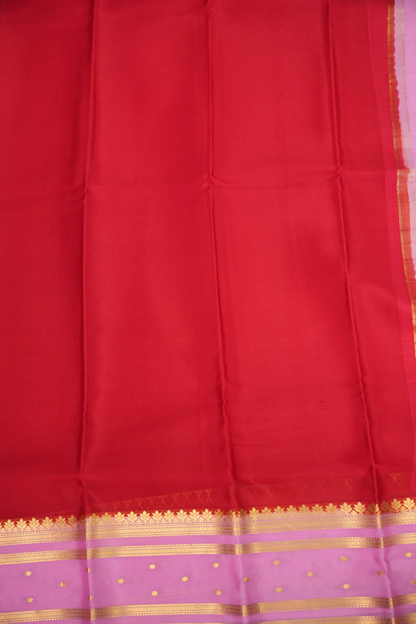 Plain Pure Crepe Mysore Silk Saree in Scarlet Red With Contrast Baby Pink Pallu & Blouse