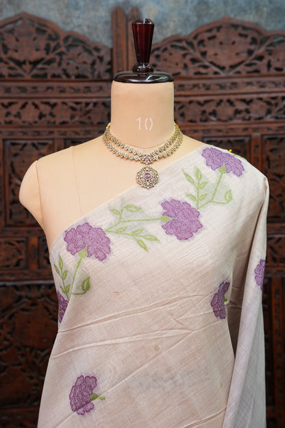 Pure Khaddi Cotton Saree with Floral Design – Ivory & Purple