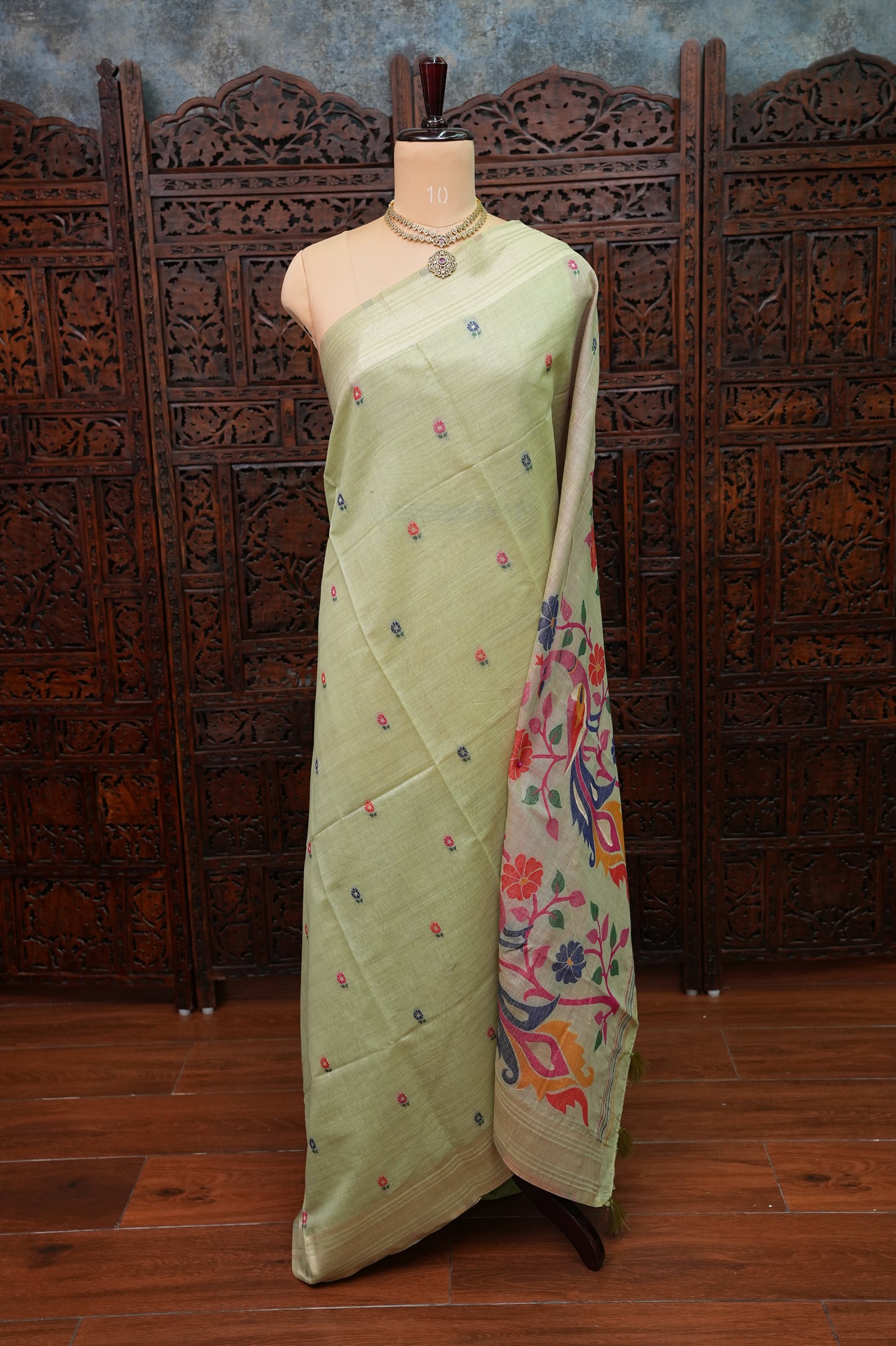 Pure Khaddi Cotton Saree with Peacock & Floral Design – Pastel Green