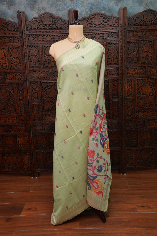 Pure Khaddi Cotton Saree with Peacock & Floral Design – Pastel Green