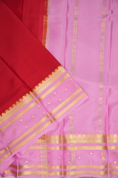 Plain Pure Crepe Mysore Silk Saree in Scarlet Red With Contrast Baby Pink Pallu & Blouse