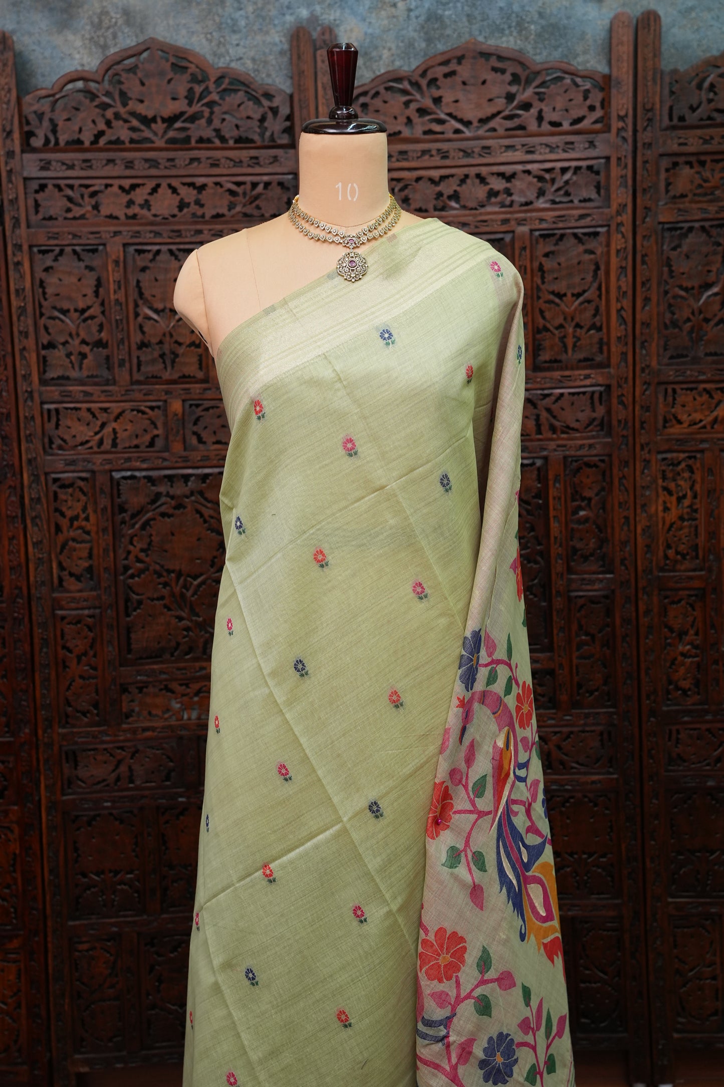 Pure Khaddi Cotton Saree with Peacock & Floral Design – Pastel Green