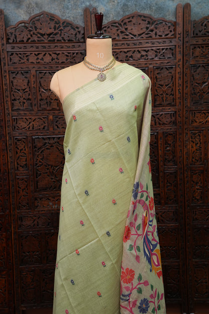 Pure Khaddi Cotton Saree with Peacock & Floral Design – Pastel Green