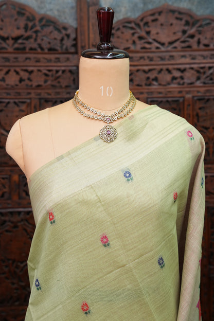 Pure Khaddi Cotton Saree with Peacock & Floral Design – Pastel Green